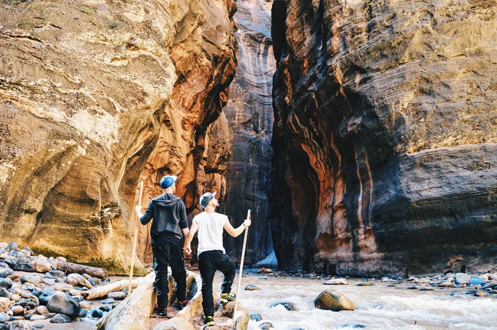 Gay Couple Travel Bloggers hiking Zion National Park Narrows | Road Trip USA Highlights American South West © CoupleofMen.com