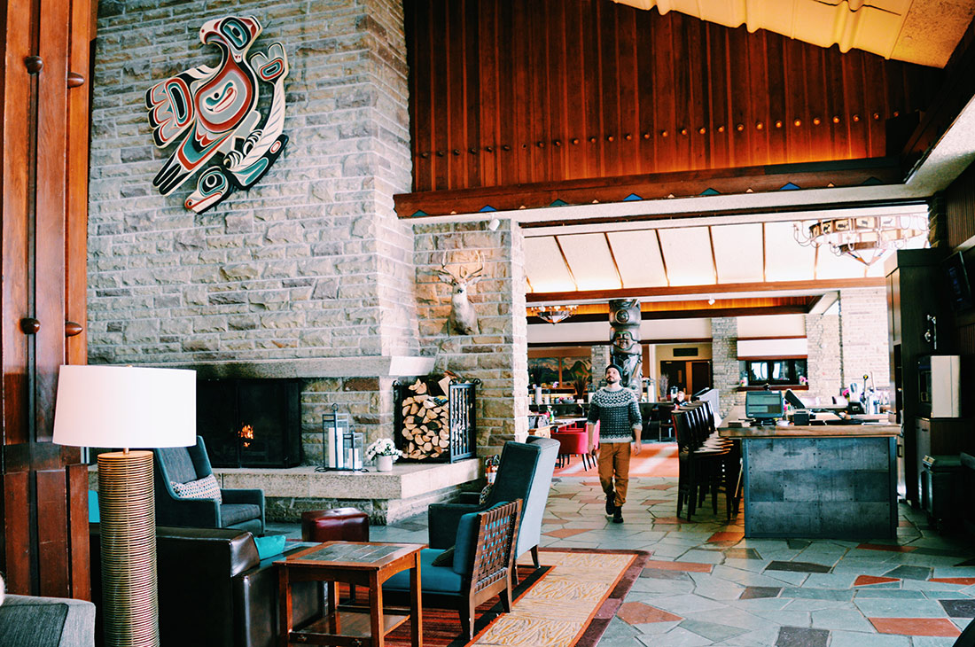 Impressive Lobby with first Nation Art in Alberta Canada Gay-friendly Hotel © CoupleofMen.com