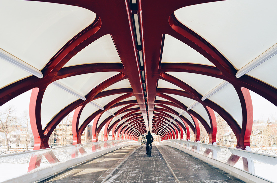 Red Peace Bridge by Calatrava | Fat Tire Biking Calgary Nomad Gear Rentals © CoupleofMen.com