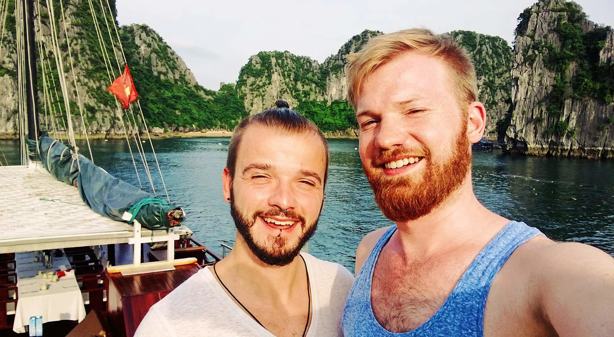 Gay Travel Adventure Vietnam Gay Travel Blogger Karl & Daan on a Halong Bay Cruise | Top Highlights Best Photos Gay Couple Travel Vietnam © CoupleofMen.com