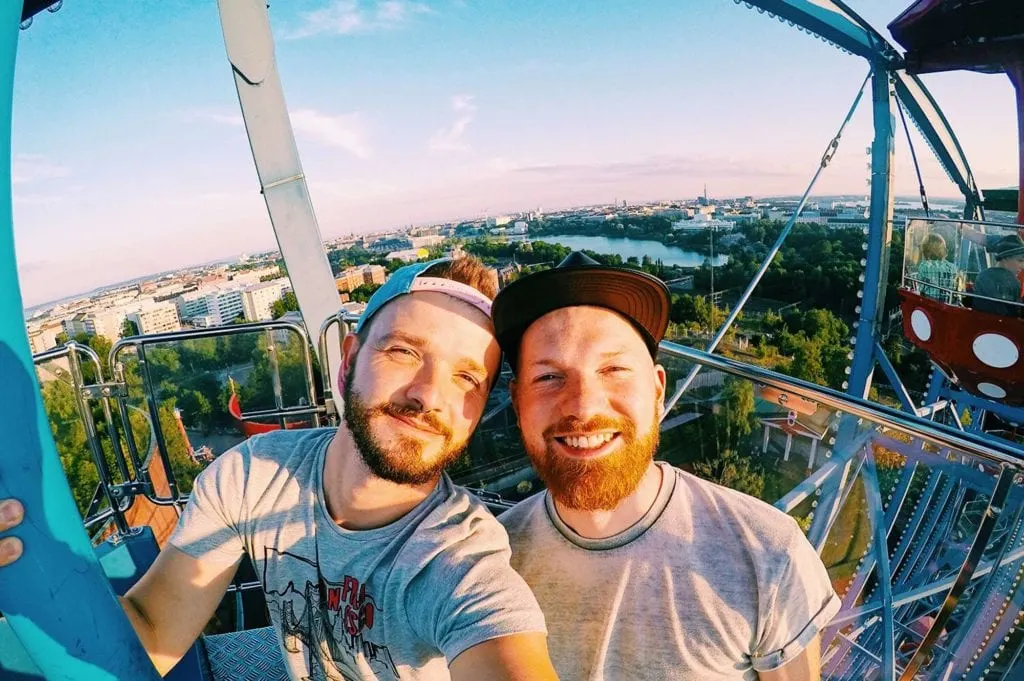 Karl & Daan riding Ferris Wheel | Gay Couple Review Theme Park Linnanmäki Helsinki Finland © CoupleofMen.com