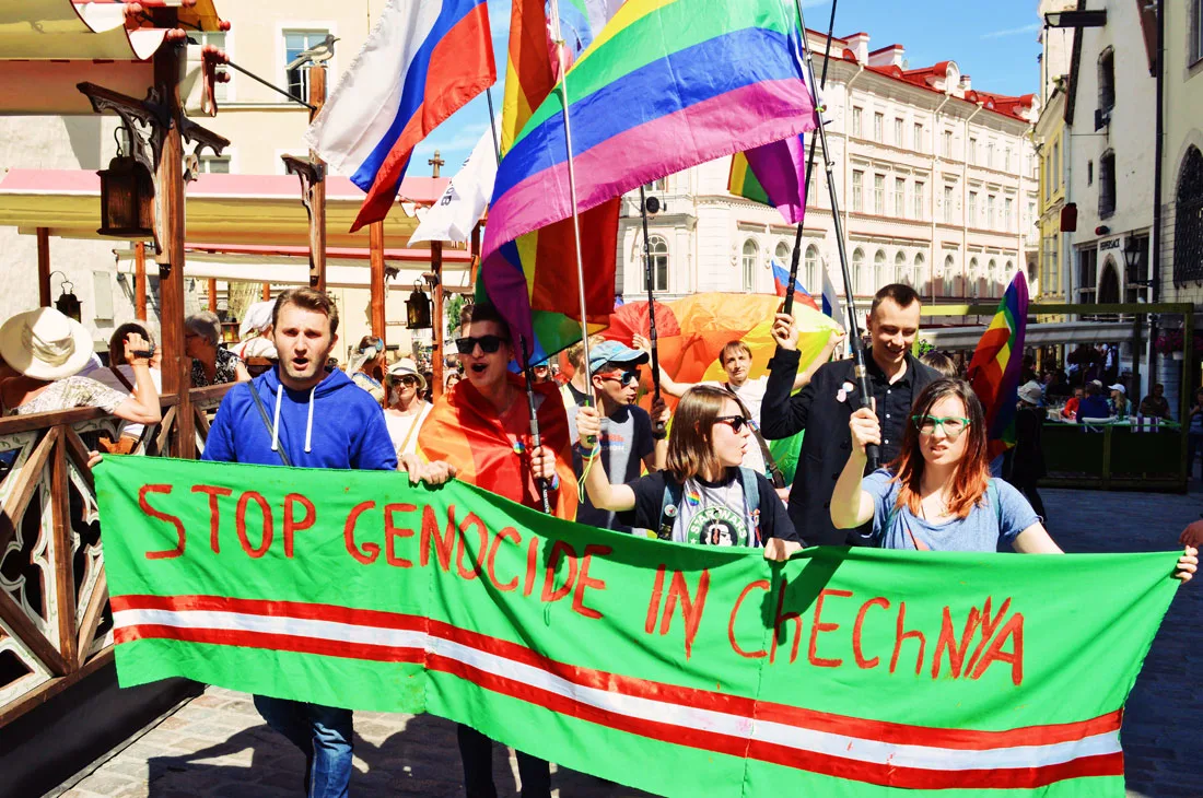 Self-made banner "Stop Genocide in Chechnya" | Baltic Pride 2017 Tallinn Best Powerful LGBTQ Photos © CoupleofMen.com