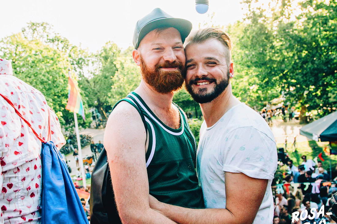 Bearded gay couple celebrating World Pride in Amsterdam 2026  © Coupleofmen.com