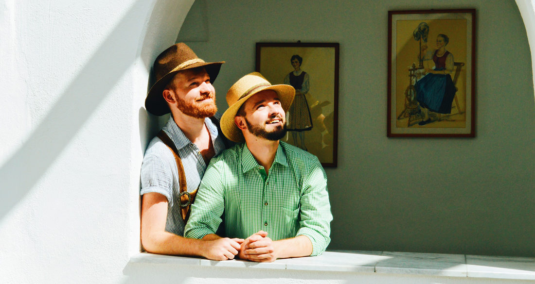 Two Gay Guys wearing brand new Lederhosen Tips Traditional Austrian Garments © CoupleofMen.com