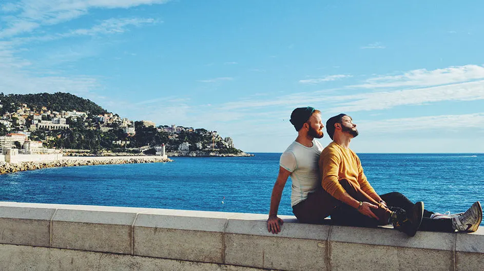 Gay Couple Travel France City Weekend Nice View over the harbor of City of Nice with a gay couple posing Gay Couple City Weekend Nice © CoupleofMen.com