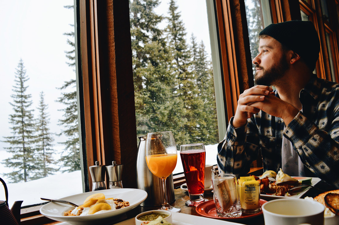 Karl just loved the view and the snowfall | Emerald Lake Lodge gay-friendly © Coupleofmen.com