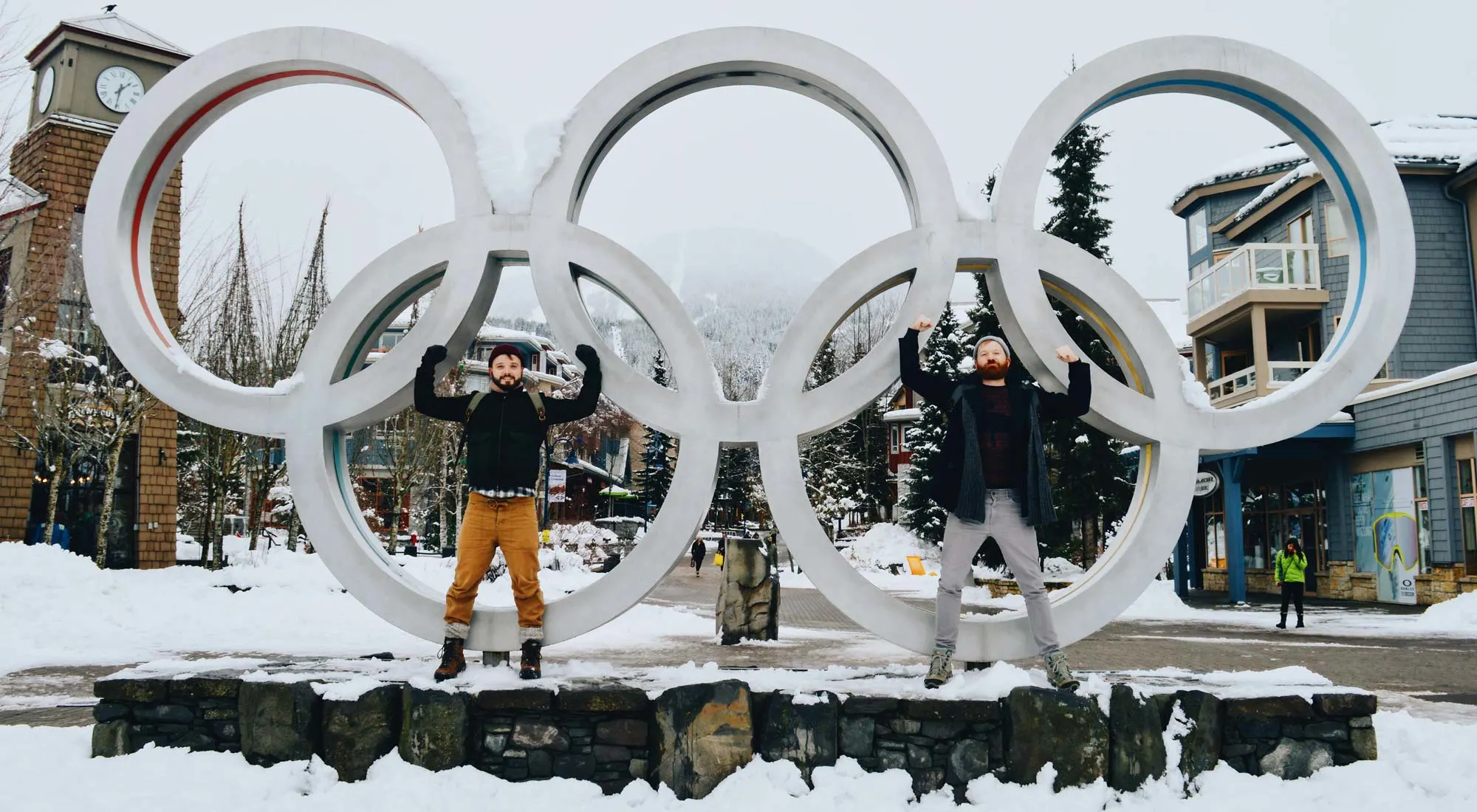 Gay Super Powers in front of the Olympic Rings in Whistler | Whistler Pride 2018 Gay Ski Week © Coupleofmen.com