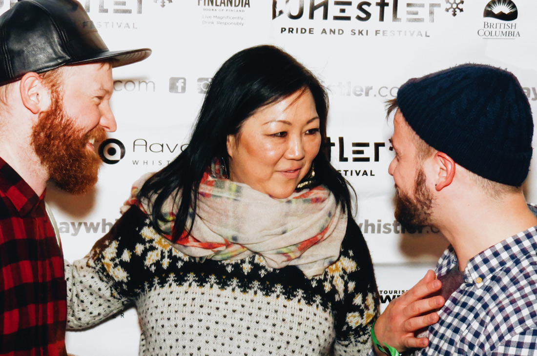 Couple of Men small talking with Margaret Cho, one of the greatest American comedians | Whistler Pride 2018 Gay Ski Week © Darnell Collins