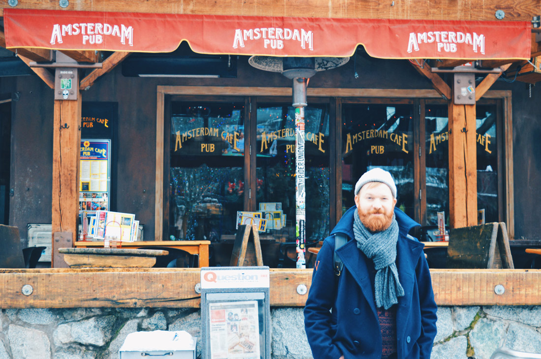 Daan feels a bit like home with the Amsterdam Pub in Whistler | Whistler Pride 2018 Gay Ski Week © Coupleofmen.com