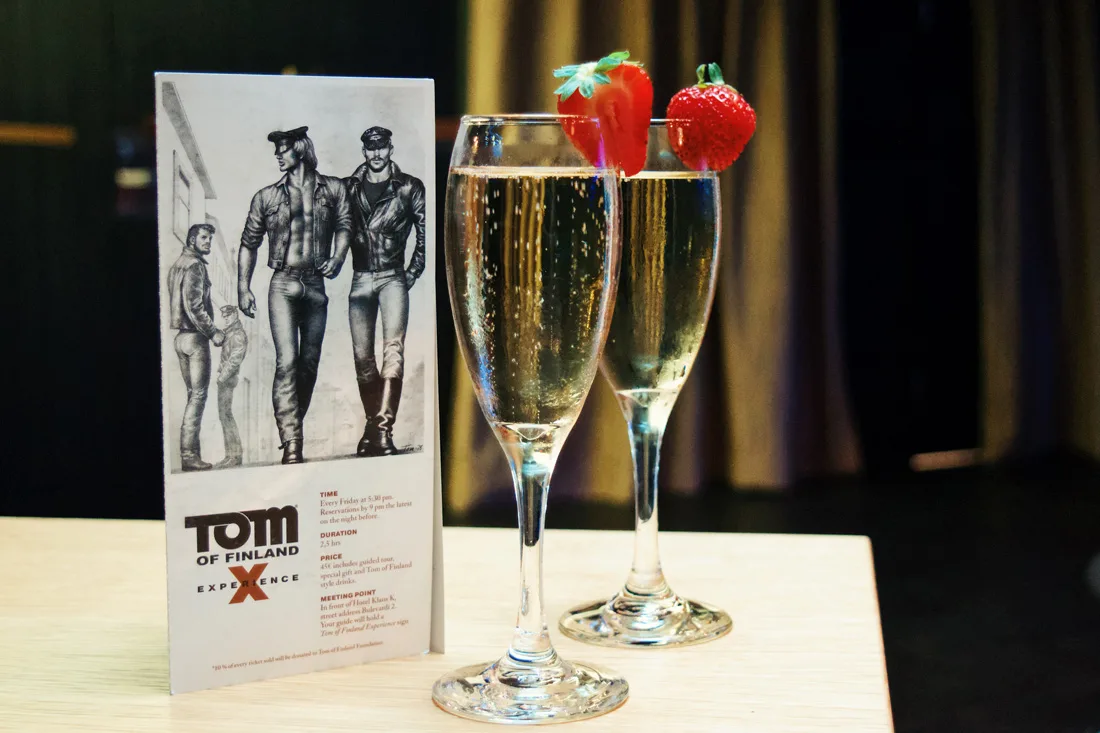 Tom of Finland Experience: Start with a Strawberry decorated Prosecco | Klaus K Hotel Helsinki Gay-friendly Tom of Finland Package © Coupleofmen.com