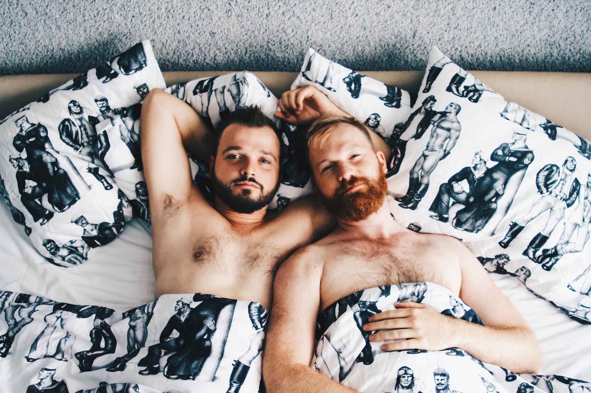 Tom of Finland Paket sexy naked couple of men Gay Travel Blogger half naked Good morning out of our Tom of Finland bed | Klaus K Hotel Helsinki Gay-friendly Tom of Finland Package © Coupleofmen.com