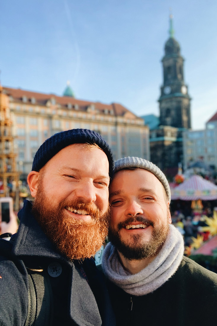 Selfie on a sunny winter day at Striezelmarkt Dresden © Coupleofmen.com