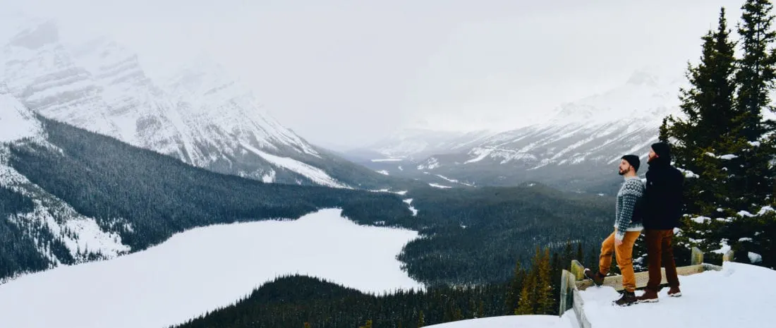 Merry Christmas and Happy Holidays! Enjoying the view over Peyto Lake | Winter Road Trip Alberta Highlights Canadian Rocky Mountains © Coupleofmen.com