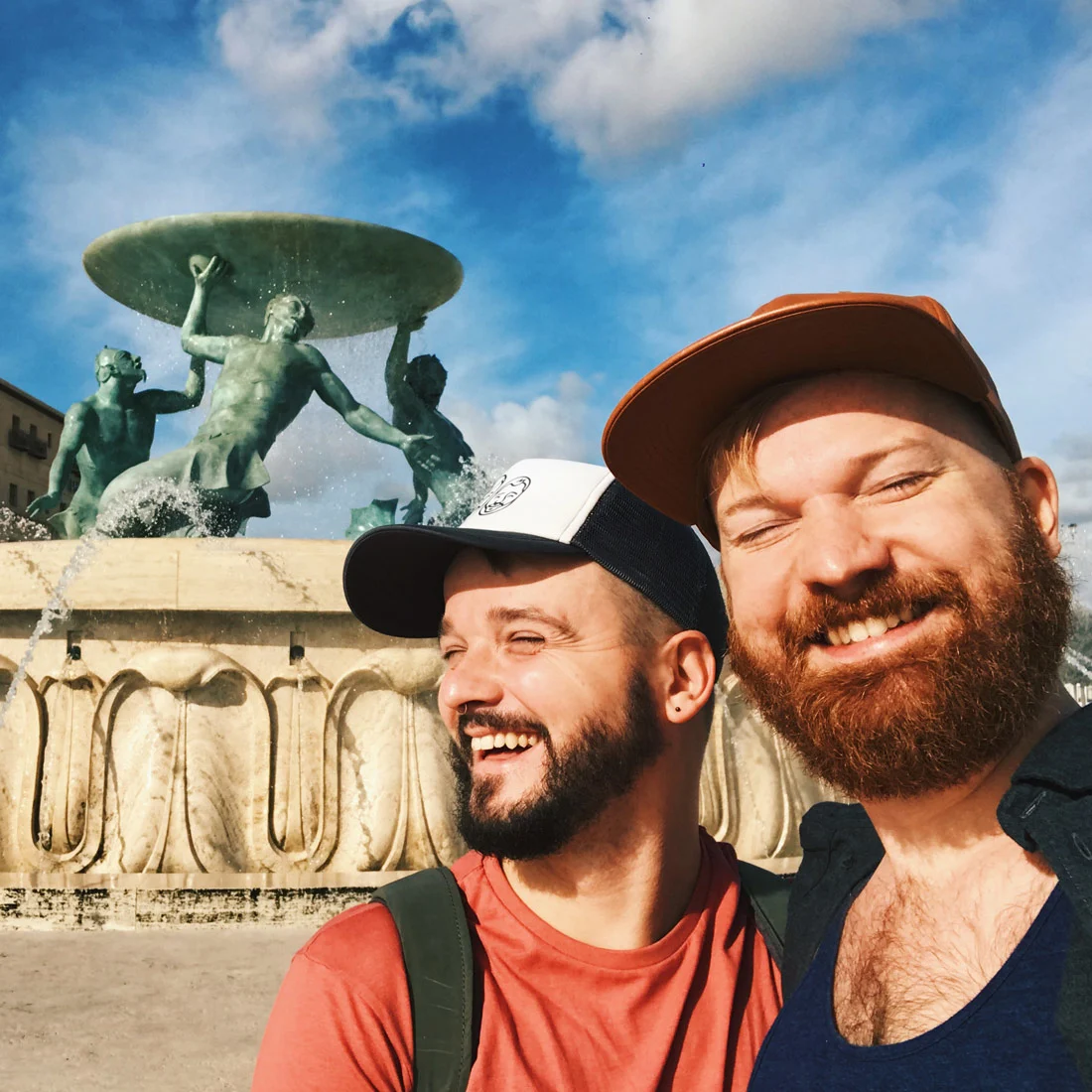 Selfie moment in front of The Triton's Fountain just outside the City Gate of Valletta © Coupleofmen.com