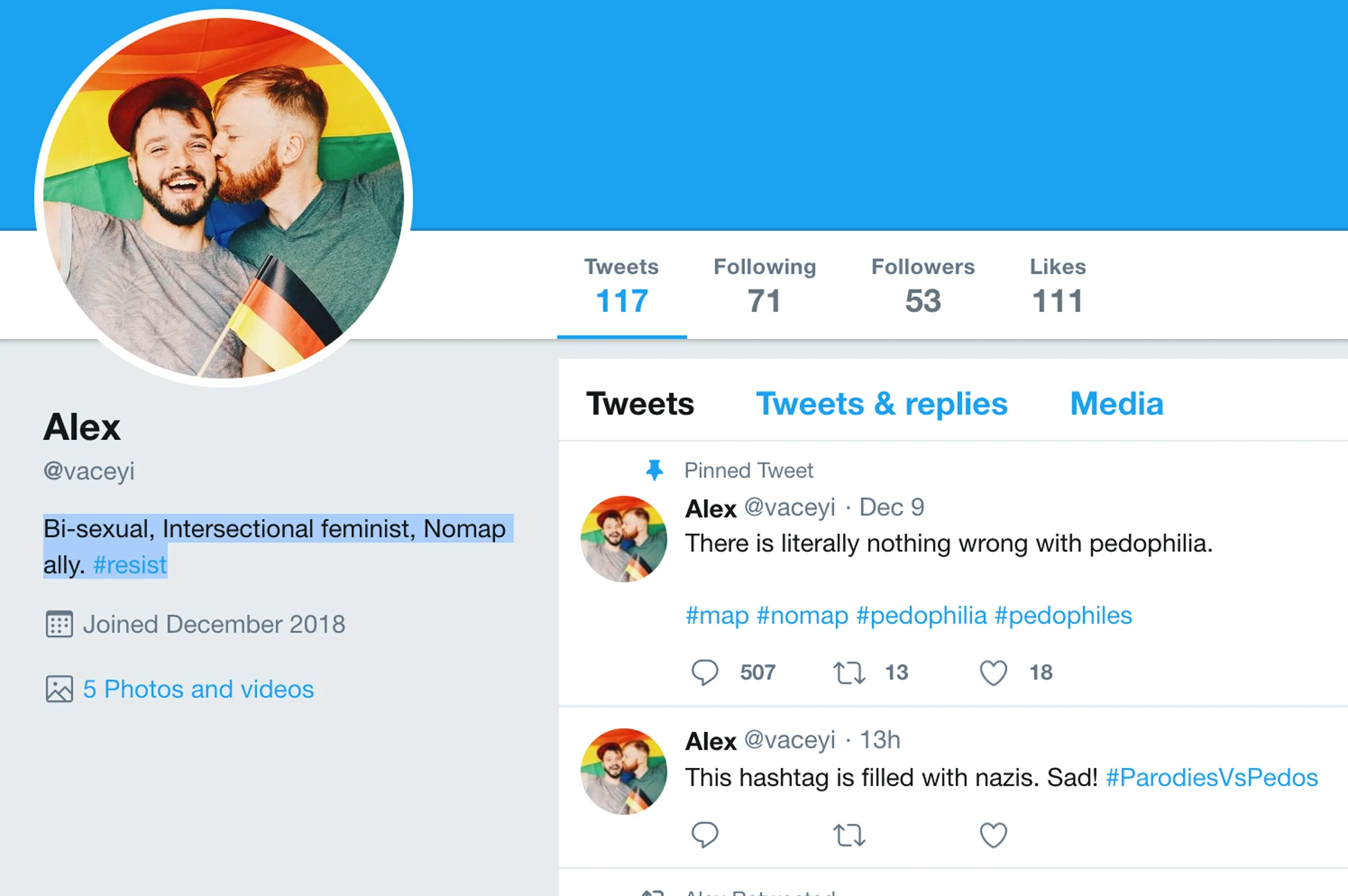 LGBTQ Pedophilia Trolls Screenshot Twitter of the Fake Persona and Twitter Troll