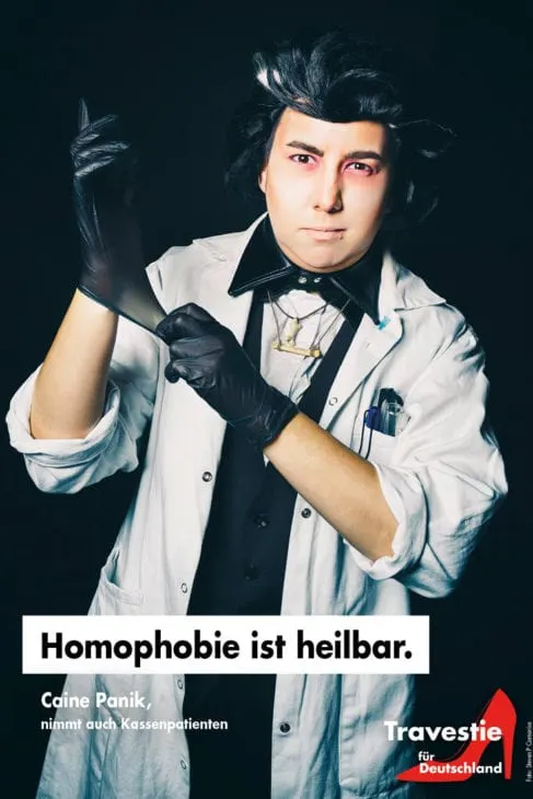 Campaign fights Homo Cure Protest-Plakat-Aktion gegen Homo-Heilung der Travestie für Deutschland © Steven P. Carnarius