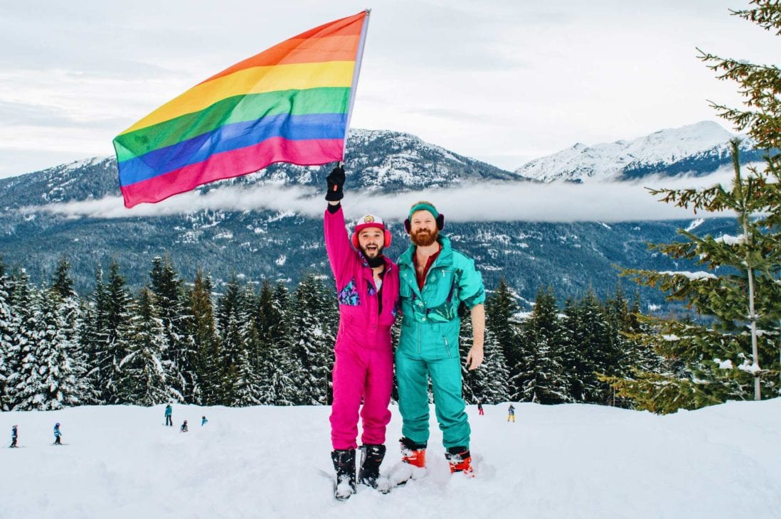 Whistler Pride Ski Festival Whistler Pride Gay Skiwoche Raising the Rainbow Flag during Whistler Pride and Ski Festival 2019 © Coupleofmen.com