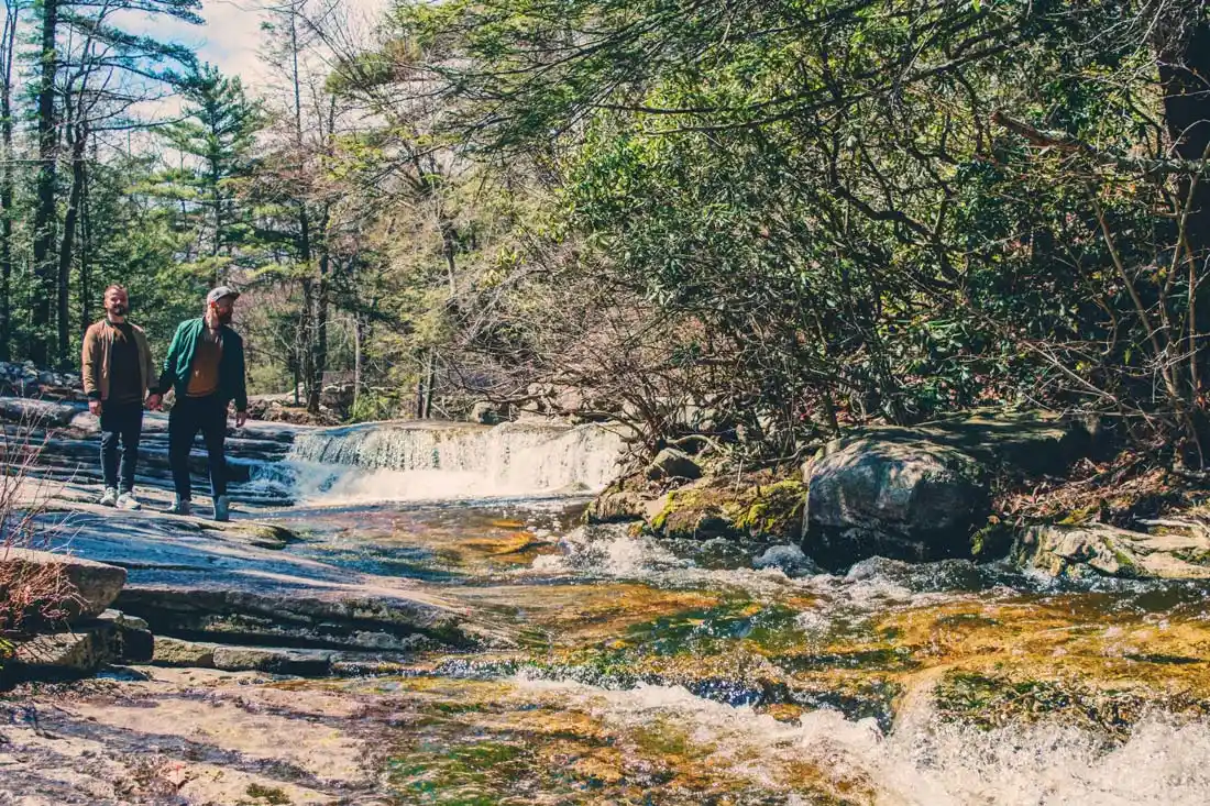 Gay Reise Dutchess County Walking hand-in-hand to the Awosting Falls at Minnewaska State Park Preserve © Coupleofmen.com