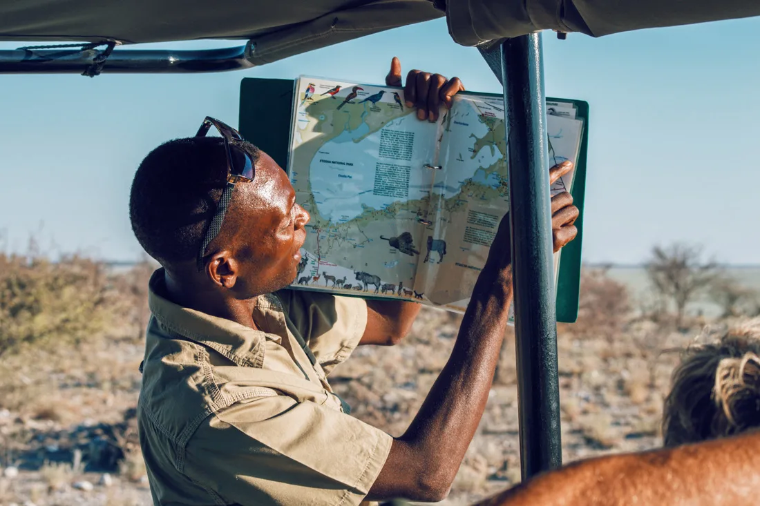 Our guide knows everything about the inhabitants of the park and is very proud to show us Etosha in Namibia © Coupleofmen.com