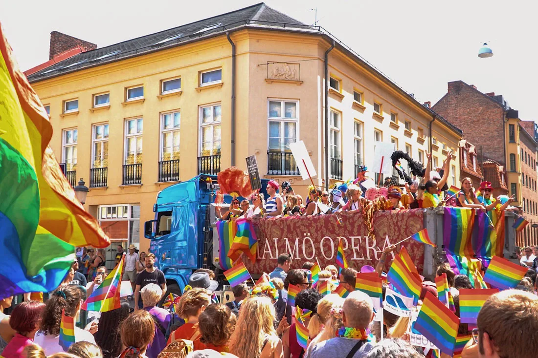Gay Pride Malmö 2019 Malmö Pride Float of Malmö Opera surrounded by rainbow flags © Coupleofmen.com