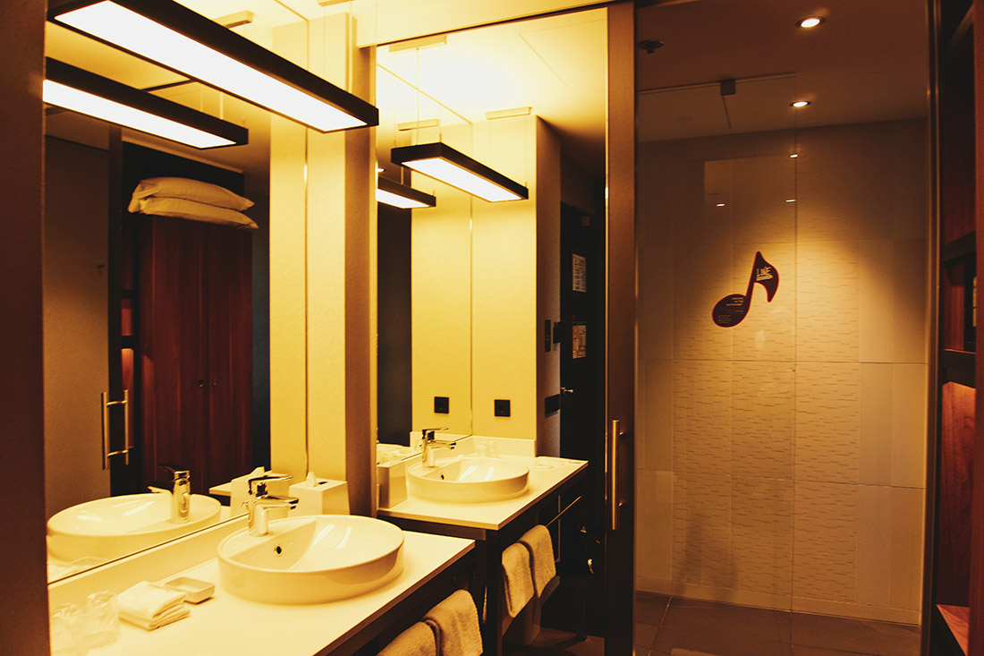 Spacious warm illuminated bathroom with a shower, hairdryer, an oval sink and included amenities © Coupleofmen.com