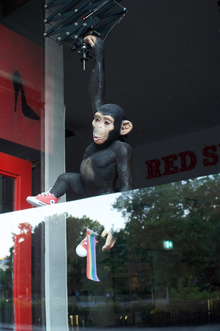 LGBTQ+ travelers know they are at the right address thanks to mister chimpanzee in window © Coupleofmen.com
