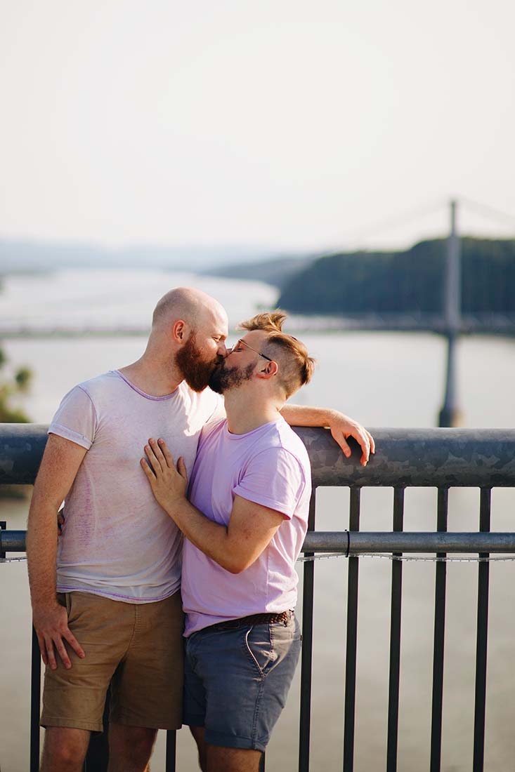 Gay Couple kissing on the Walkway over the Hudson pedestrian bridge | Gay Poughkeepsie Travel Journal © Coupleofmen.com