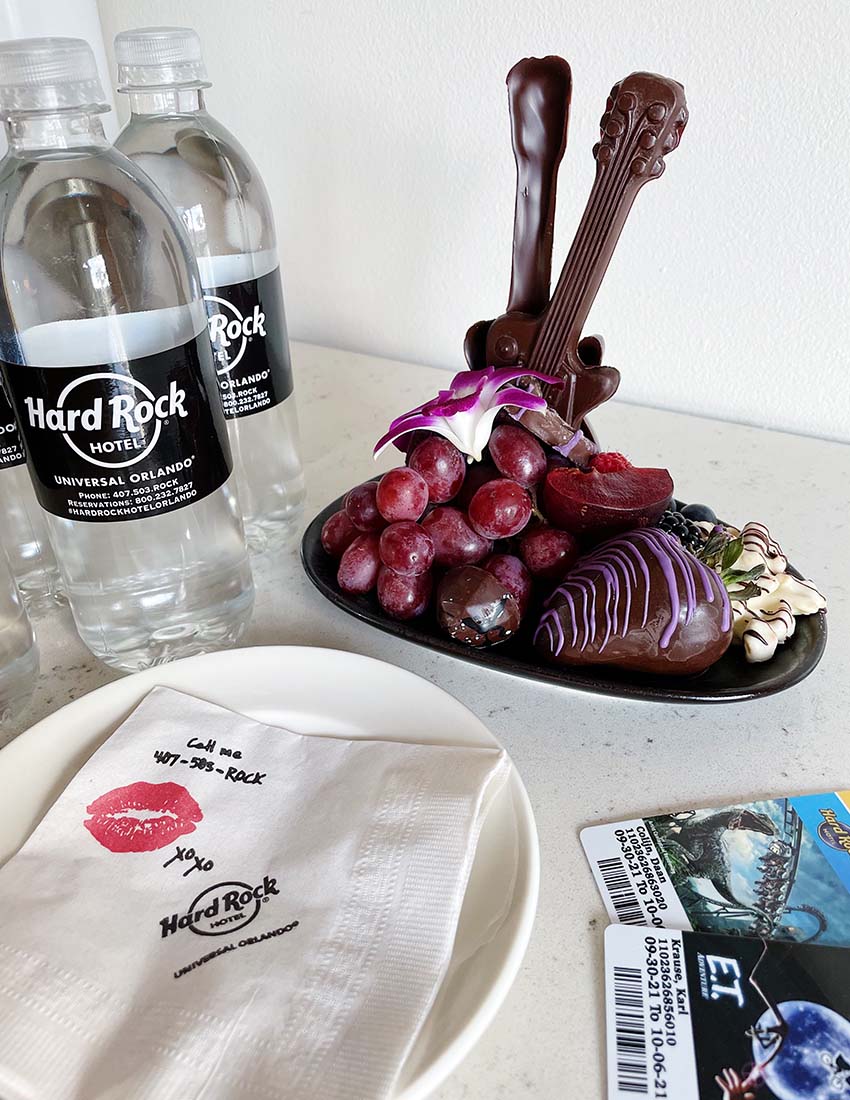 Our welcome-present: Chocolate Guitar, fruits and water bottles © Coupleofmen.com