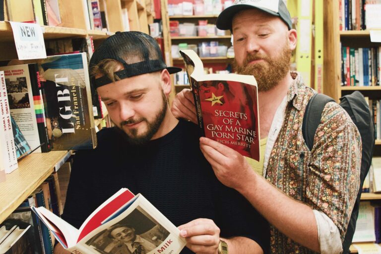 A Gay Couple of Men is reading books in Powell's Book Store in Portland, Oregon &copy; Coupleofmen.com