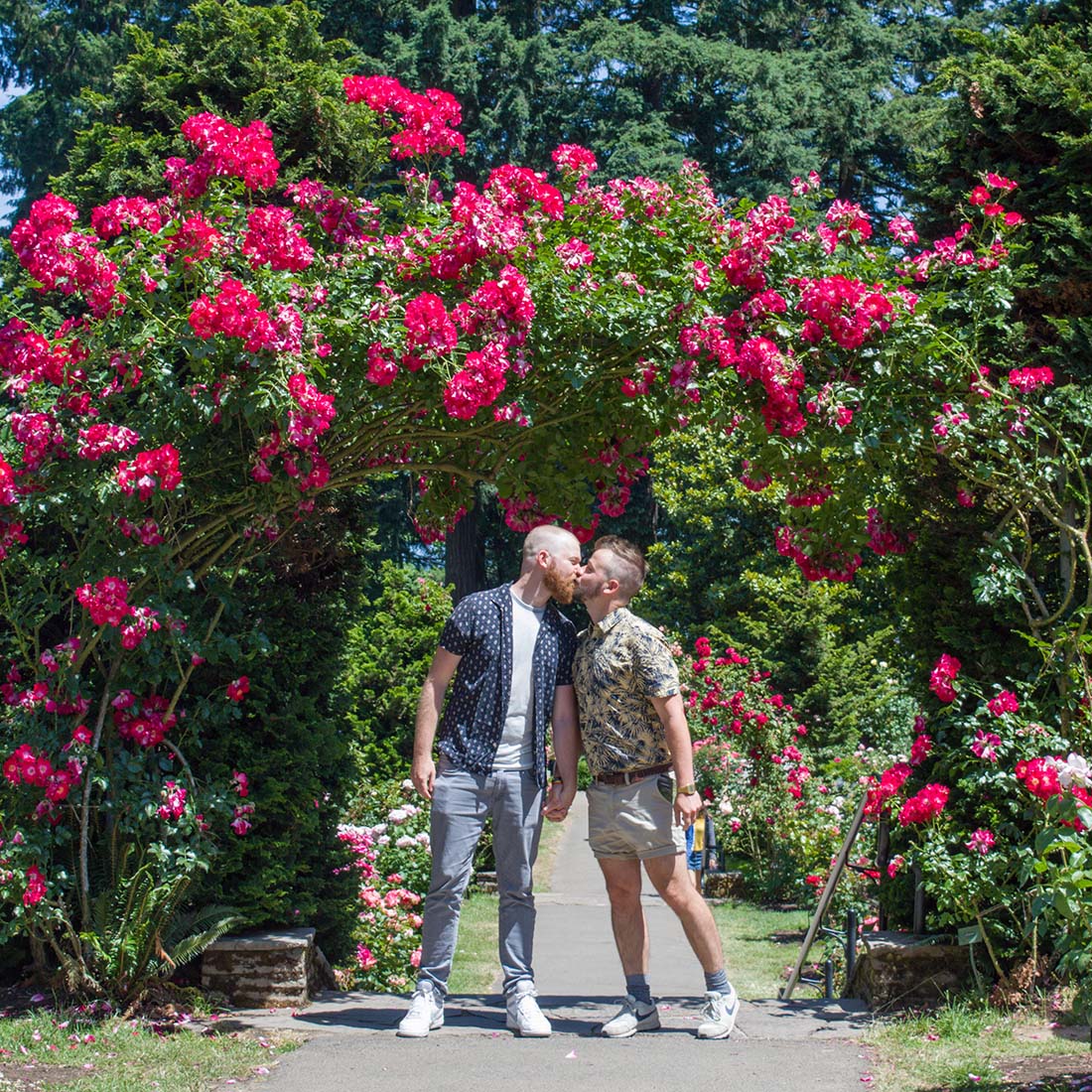 A Gay Kiss Photo at the International Rose Test Garden © Coupleofmen.com