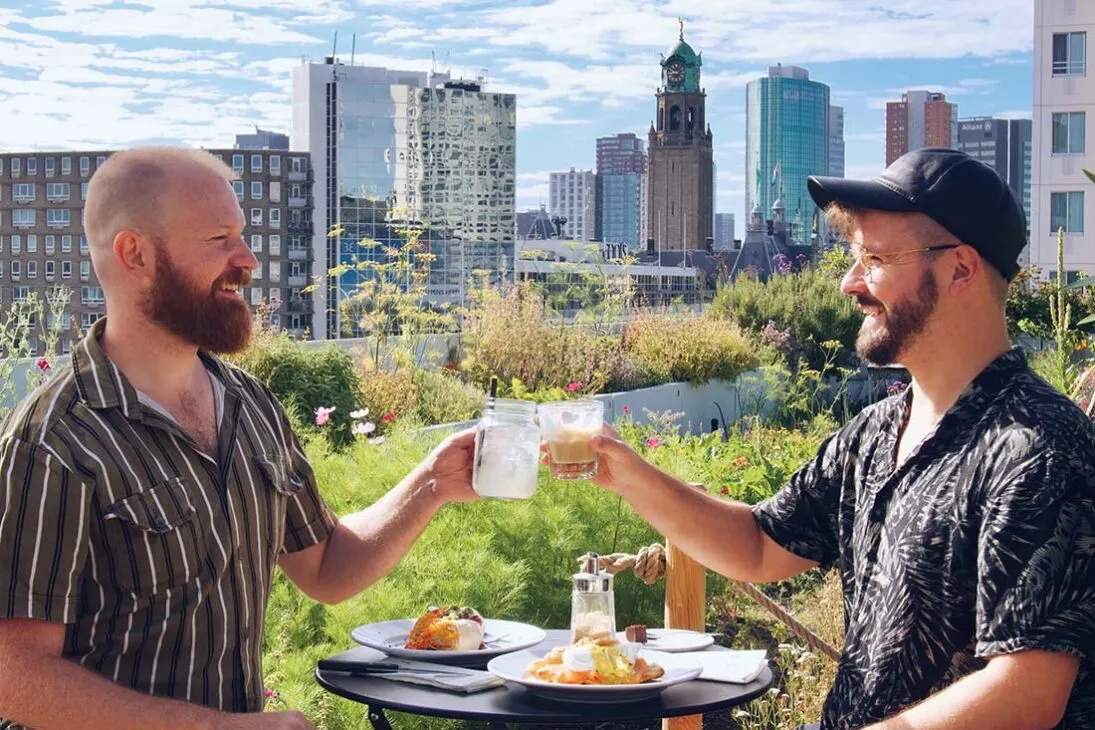 Rooftop breakfast in Rotterdam Coupleofmen.com Gay Travel Netherlands