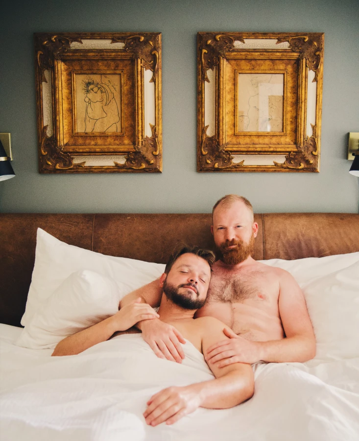 Gay men only clothing optional Resort Island House Gay Couple in Bed - best gay resort in the world © Coupleofmen.com