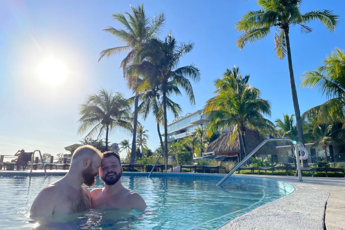 Gay Florida Keys Couple Selfie Hotel Pool Islamorada © Coupleofmen.com