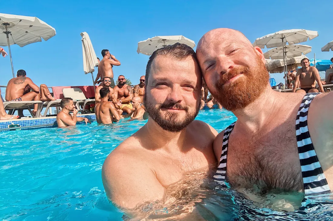 Selfie moment in the pool at the pool party by Lollipop during EuroPride 2023 in Malta © Coupleofmen.com