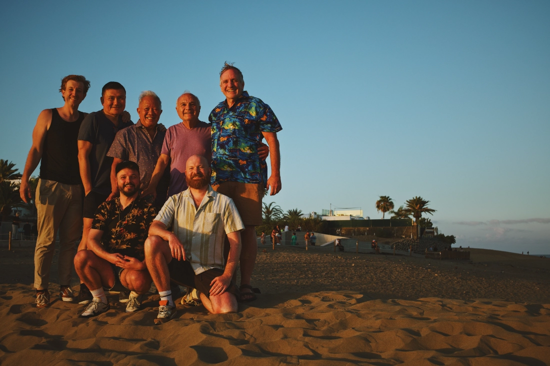 Group picture in the Maspalomas dunes of the men who joined the Everything To Sea trip to Gran Canaria