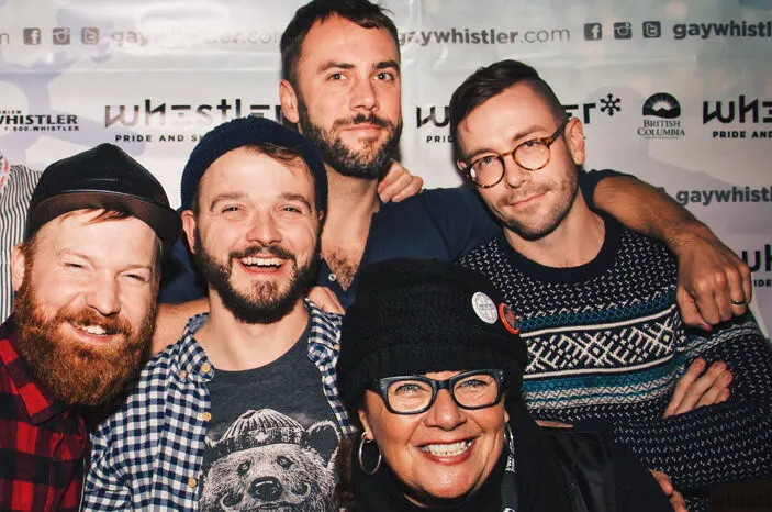 Here we are all together: Matt Skallerud, John Halbach, Kit Williamson, Barb Snelgrove and Karl & Daan from Couple of Men | Whistler Pride 2018 Gay Ski Week © Darnell Collins