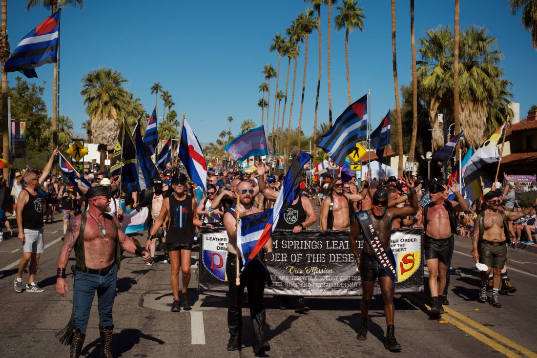 Palm Springs Leather Order of the Desert walking the PS Pride Parade 2025 © Coupleofmen.com