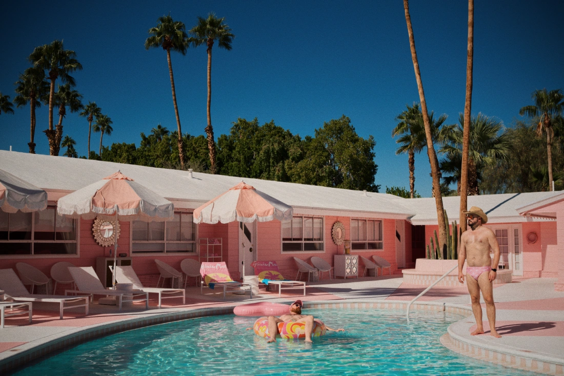 Enjoying the pool with its white and pink umbrellas &copy; Coupleofmen.com
