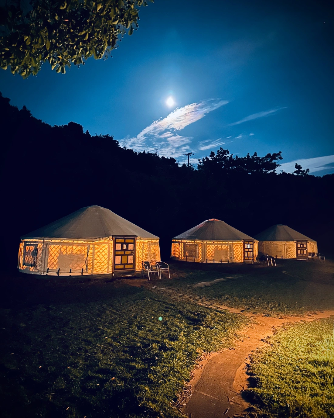 Full moon over the yurts on Naoshima
