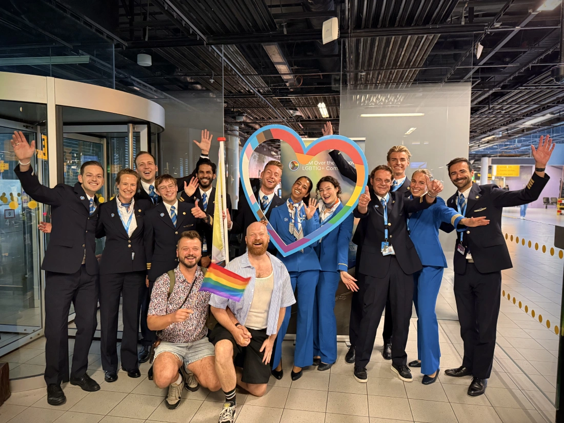 KLM Pride Flight selfie with the crew at Amsterdam Schiphol