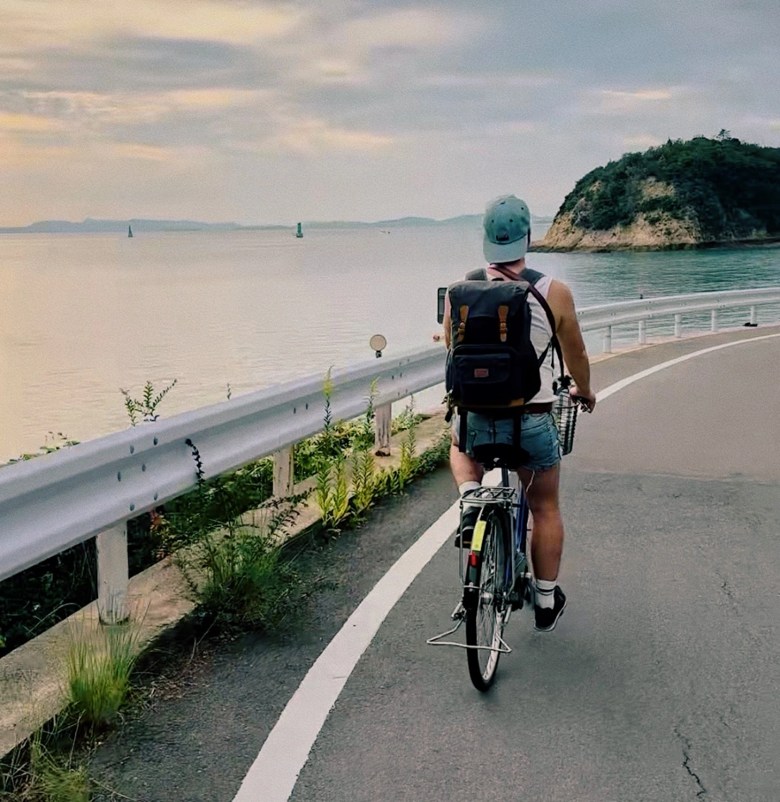 Karl on his E-Bike cycling around Naoshima island