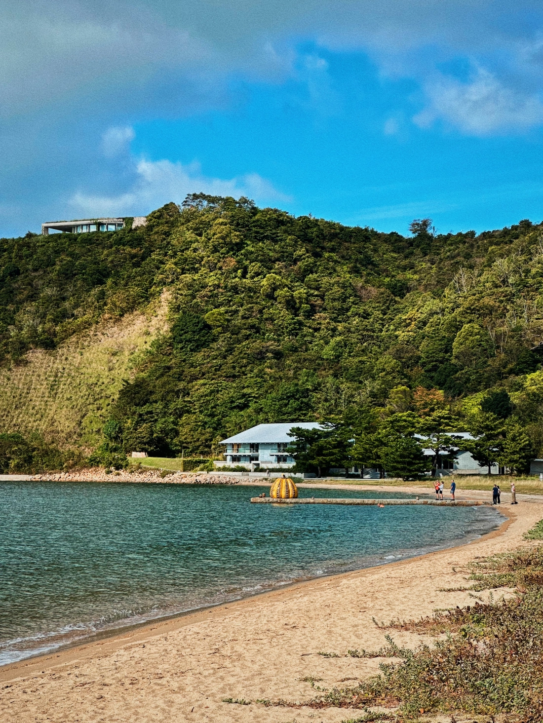 Kusama's yellow pumpkin at Gotanji Swimming Beach on Naoshima Island