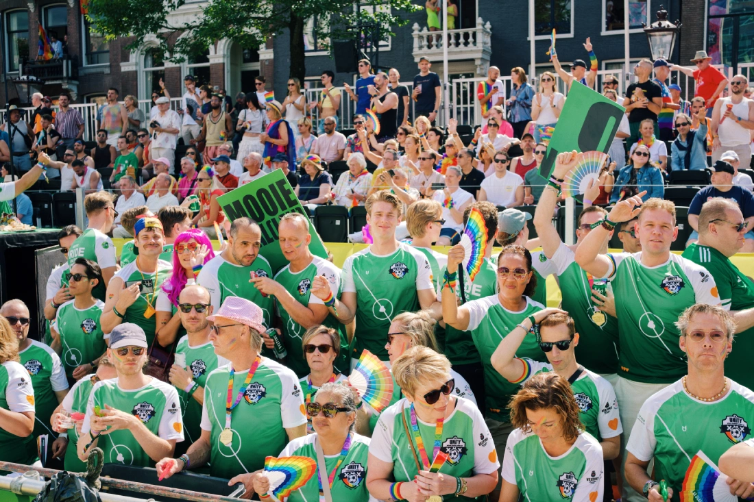 Queer Sports with the football canal boat at World Pride Amsterdam &copy; Coupleofmen.com